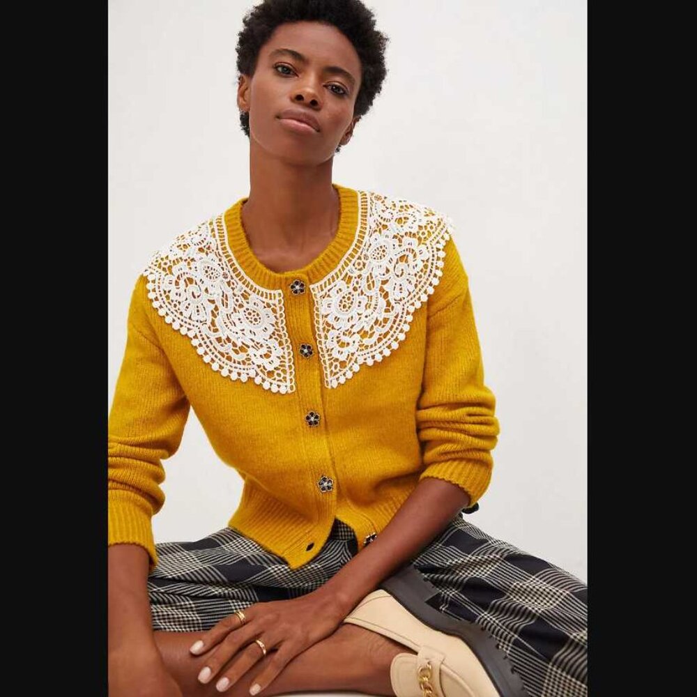 XL Maeve x Anthropologie chunky yellow lace cardigan sweater - Picture 2 of 12